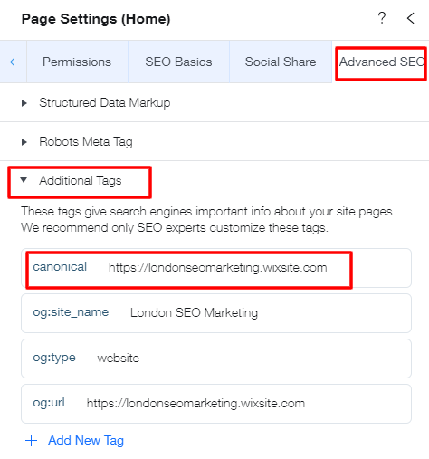 advanced seo tab wix